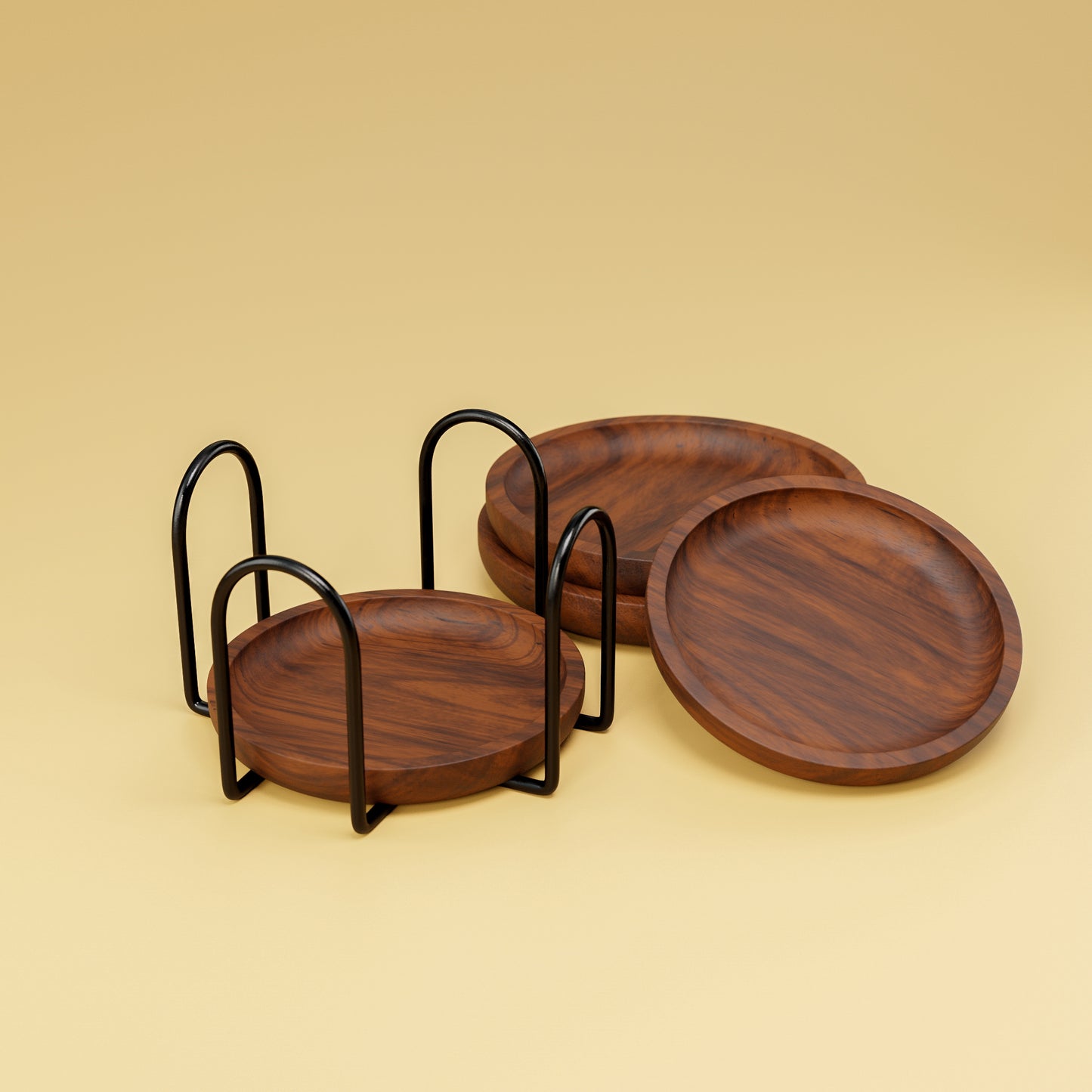 Round Sheesham Wood Coaster Set With Steel Stand (Pack of 4)